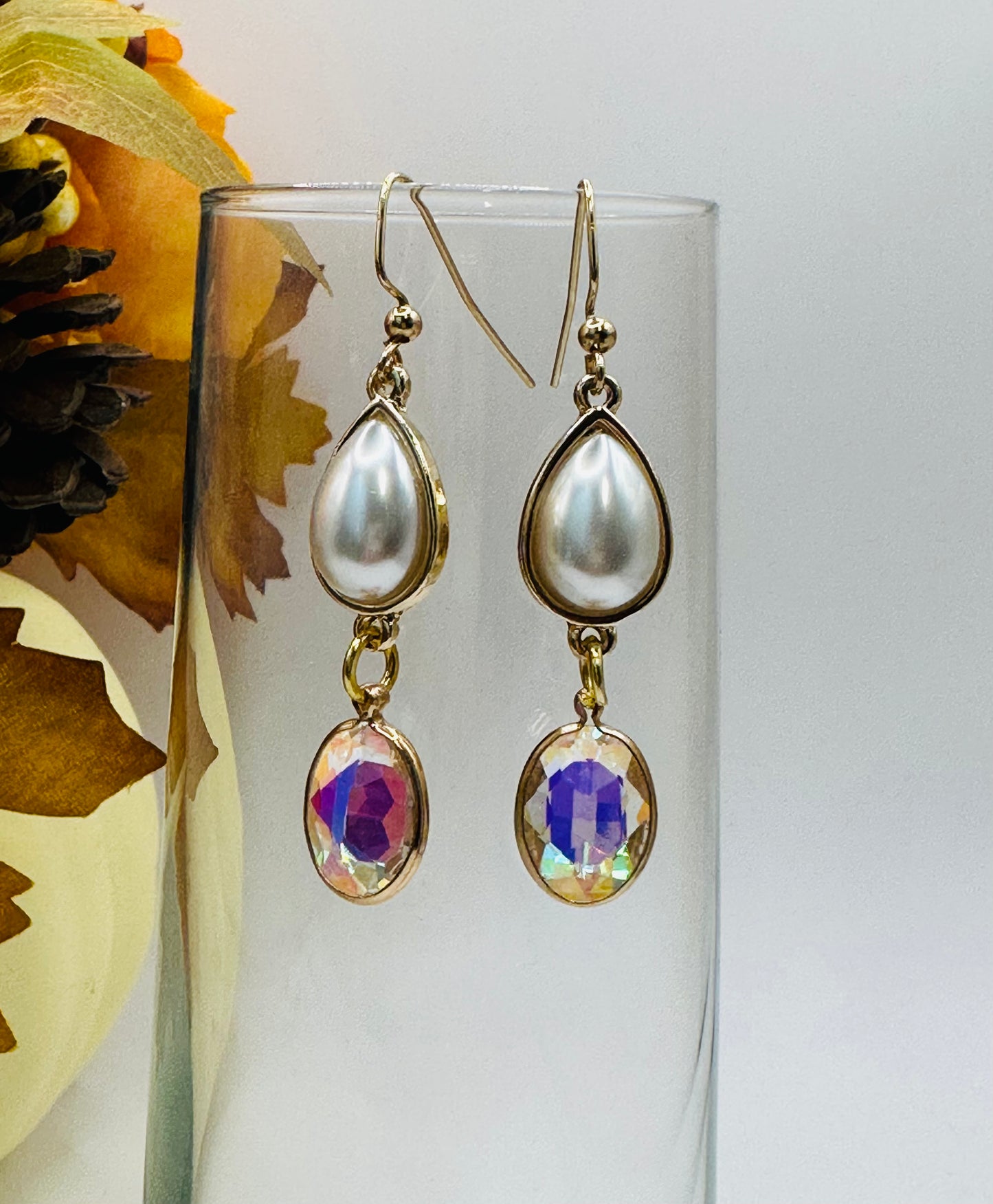 Pearl gold plated wrap with crystal charm earrings E-283