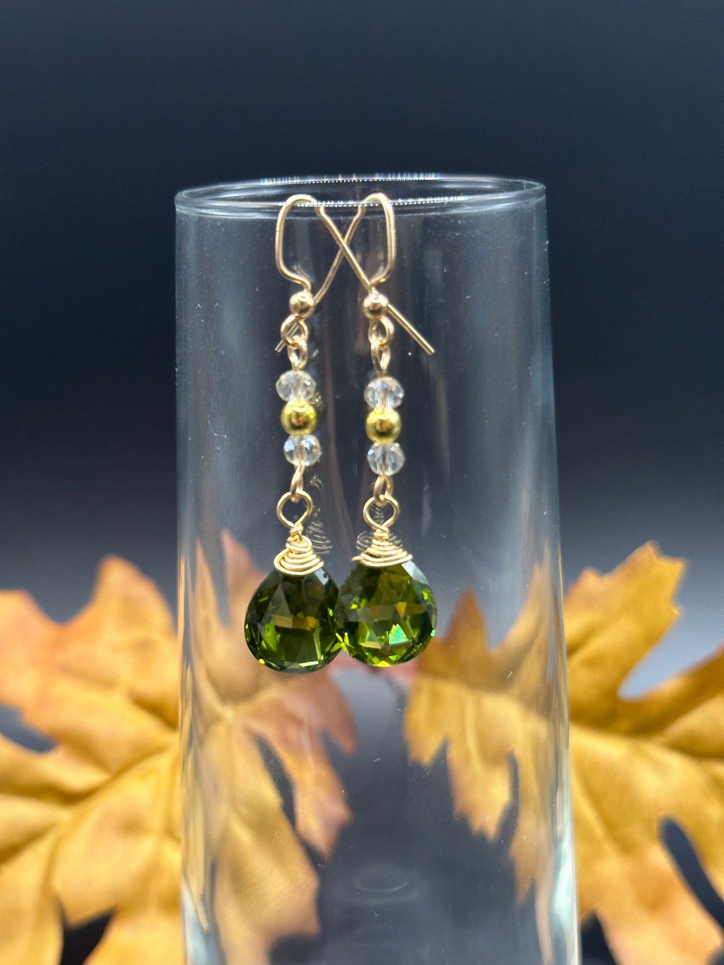 Olivine CZ faceted glass with 4mm gold plated and 4mm crystal earrings E-296