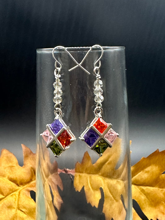 CZ glass multi color with 4mm faceted crystal earrings E-295