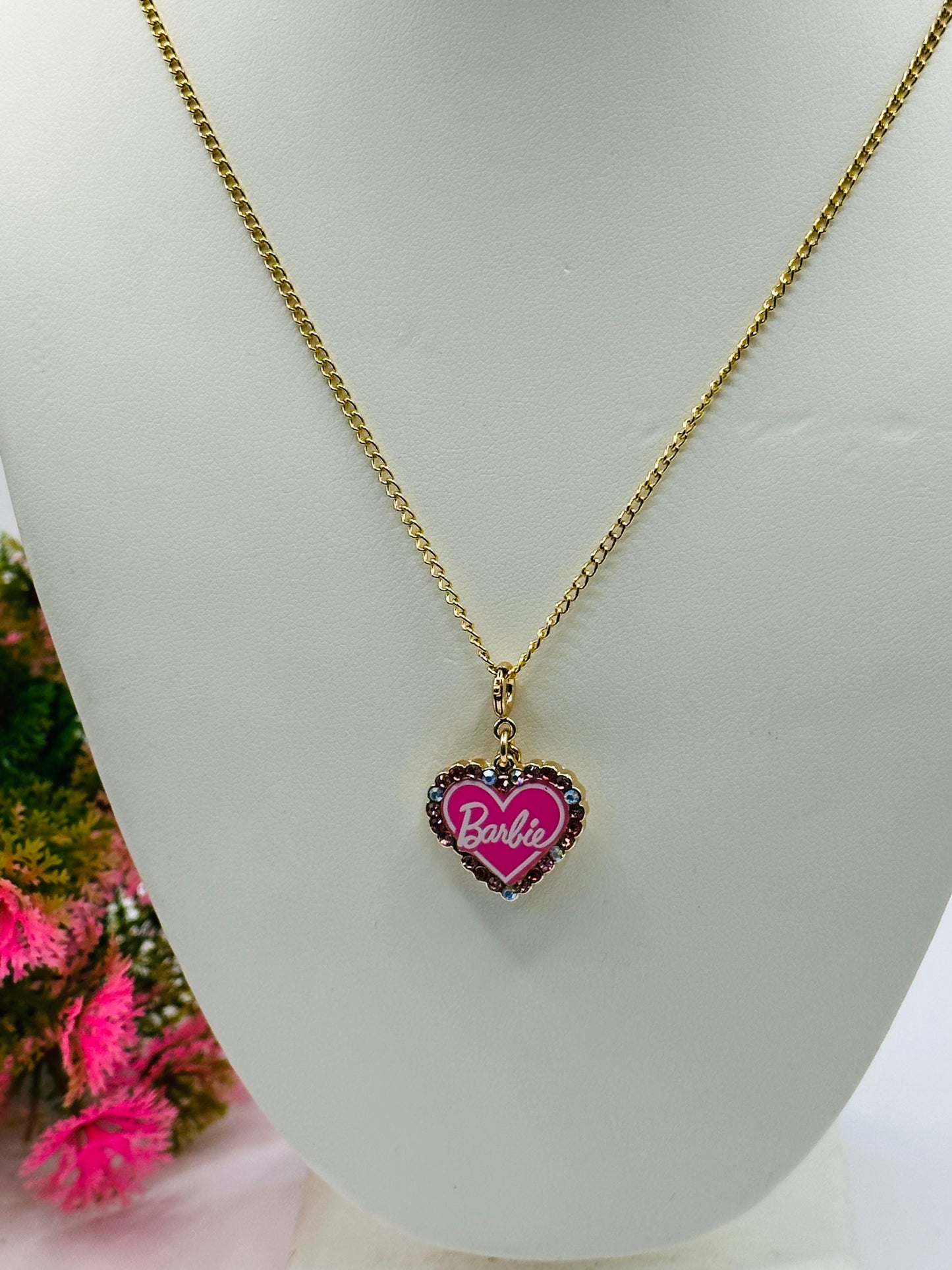 Pink Heart barbie girl charm with rhinestone around BRB N-001