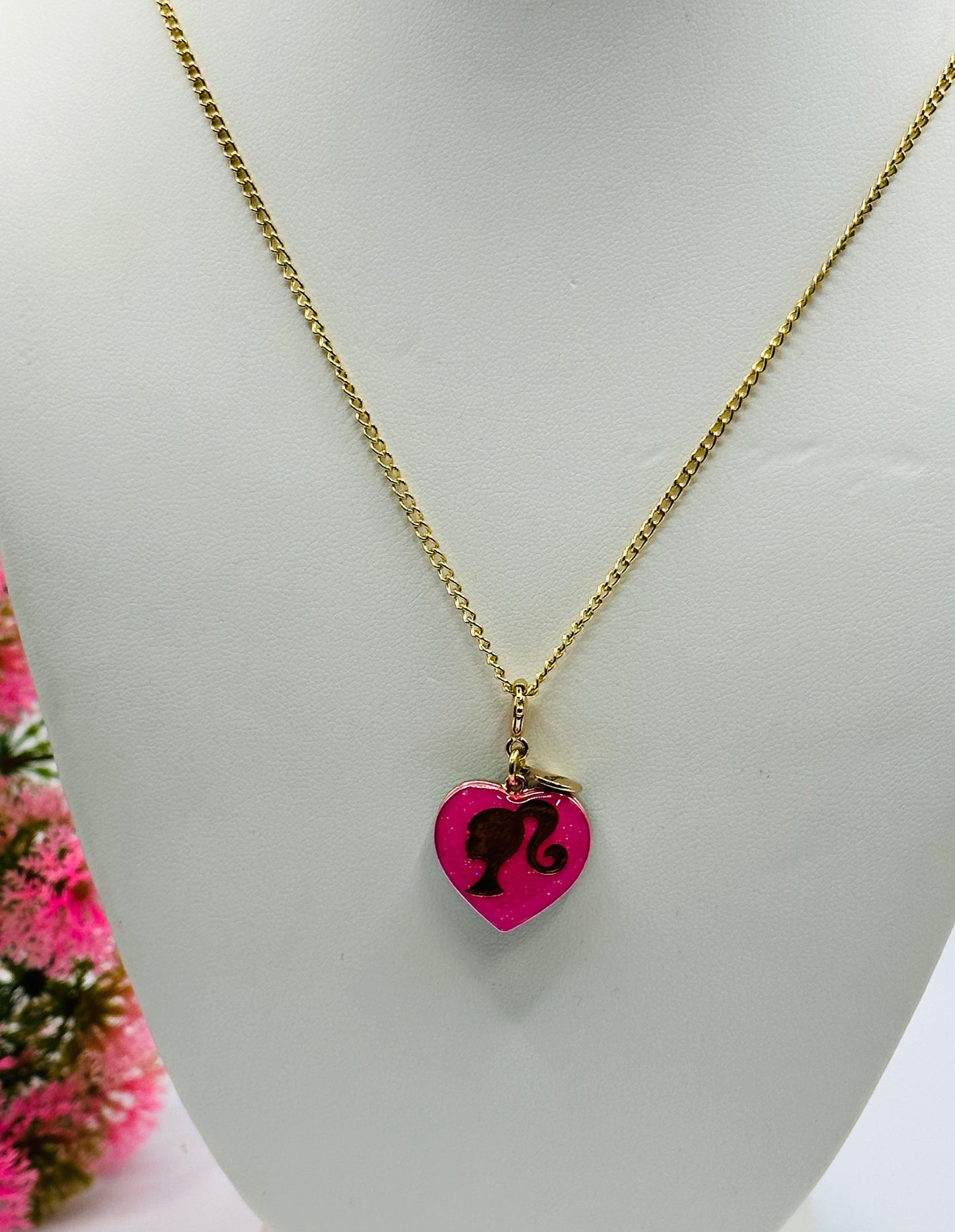 Barbie two tones pendant charm pink and aqua barbie girl and pink glitter pony tail BRB N-002