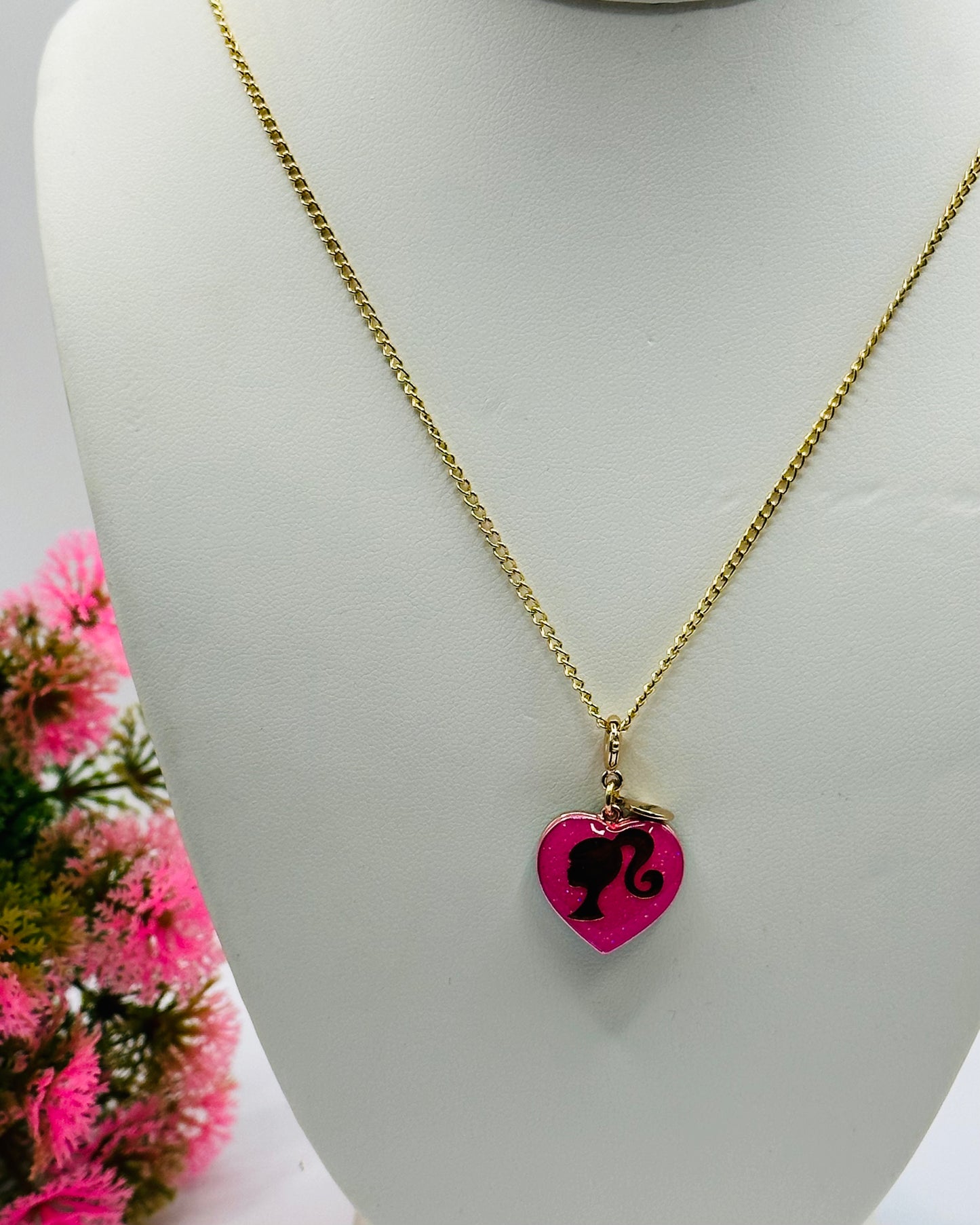 Barbie two tones pendant charm pink and aqua barbie girl and pink glitter pony tail BRB N-002
