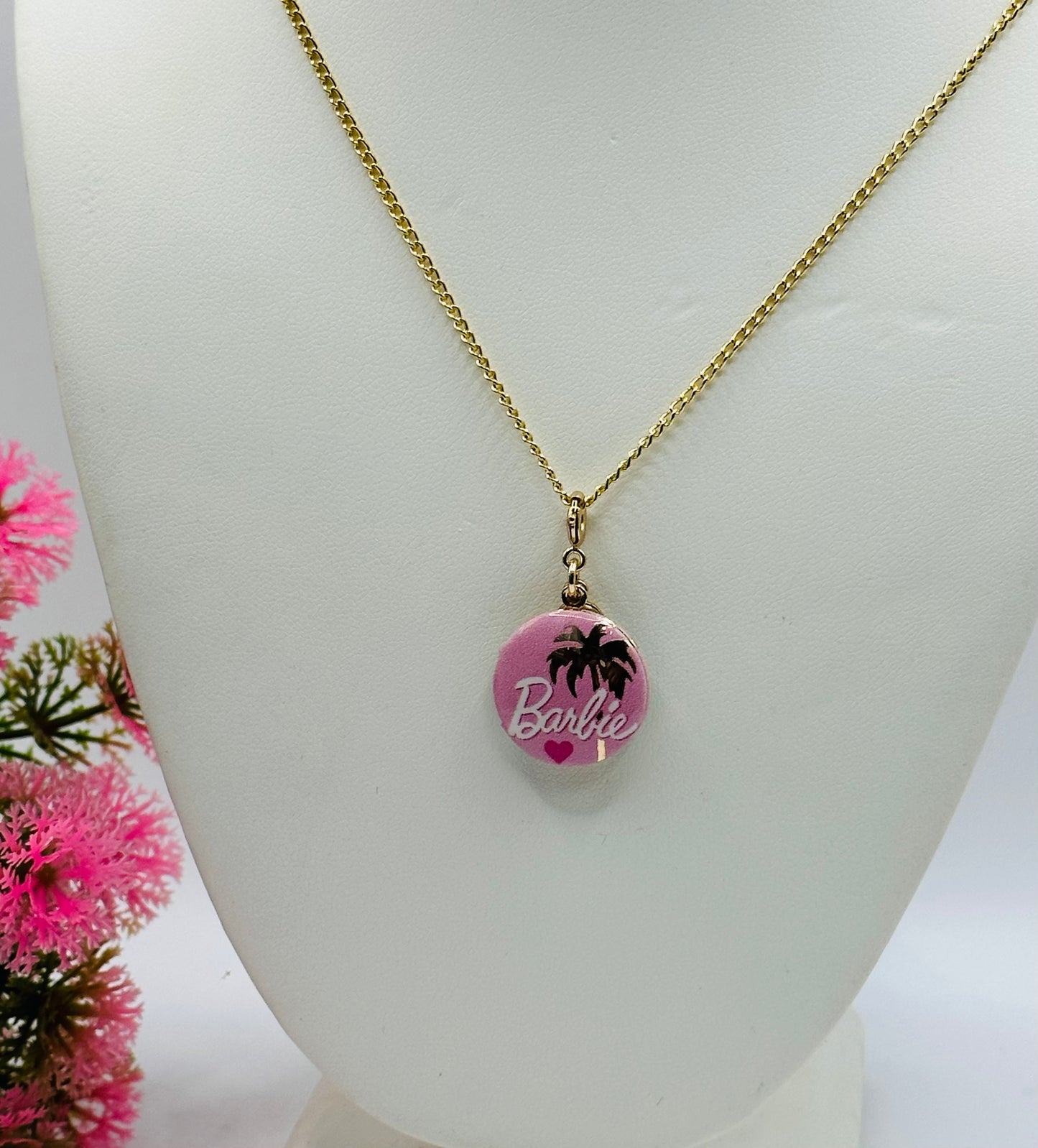 Necklace with pendant charm two tones pink barbie locket BRB N-003