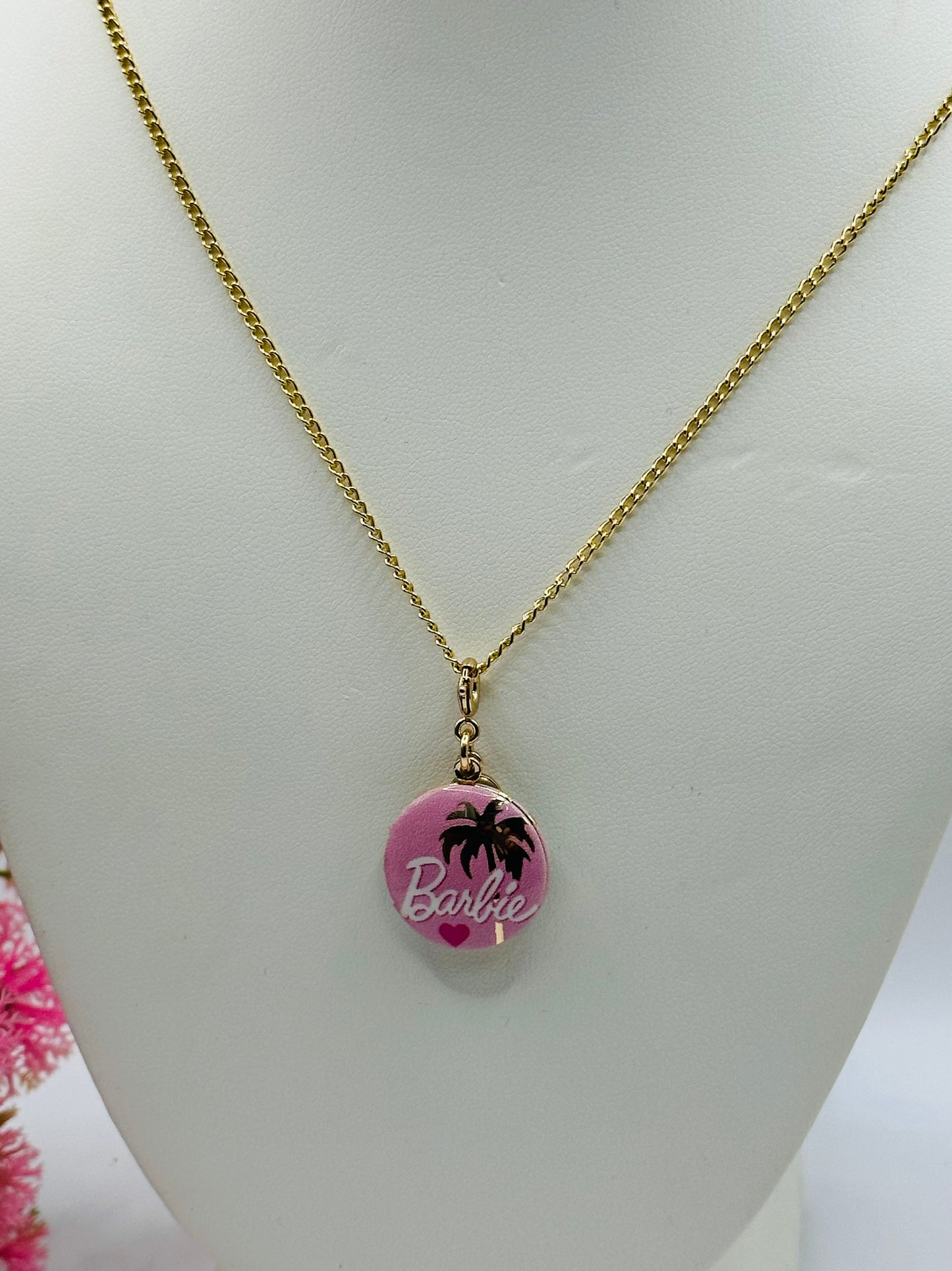 Necklace with pendant charm two tones pink barbie locket BRB N-003