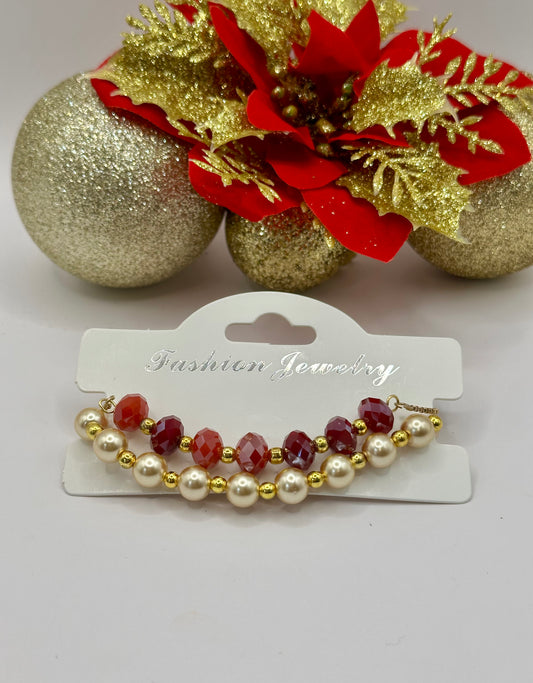 Christmas bracelets sets red faceted rondel and pearls CBR-002