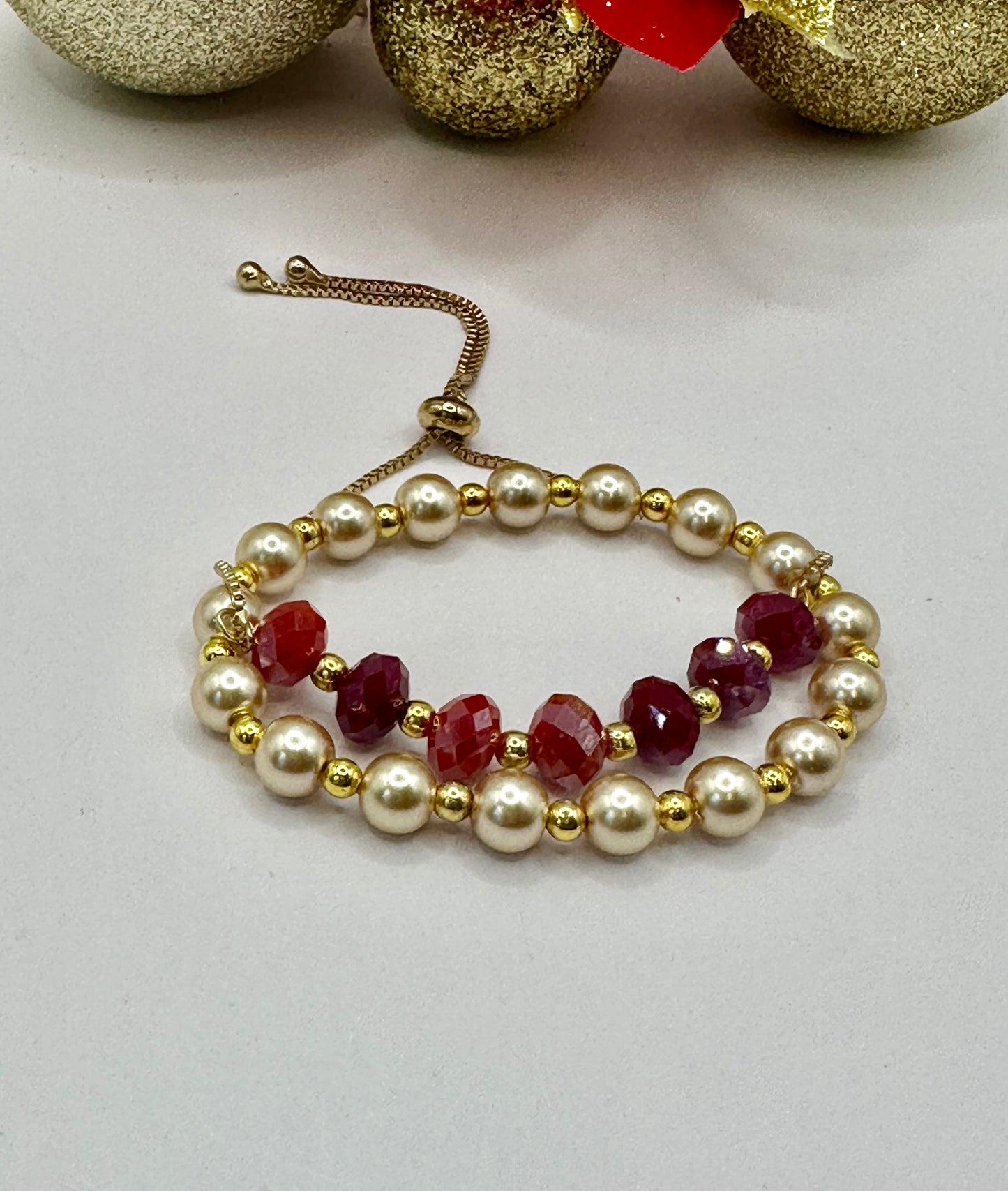 Christmas bracelets sets red faceted rondel and pearls CBR-002