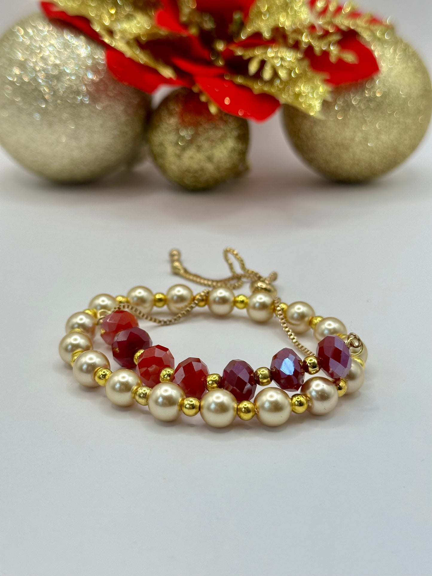 Christmas bracelets sets red faceted rondel and pearls CBR-002