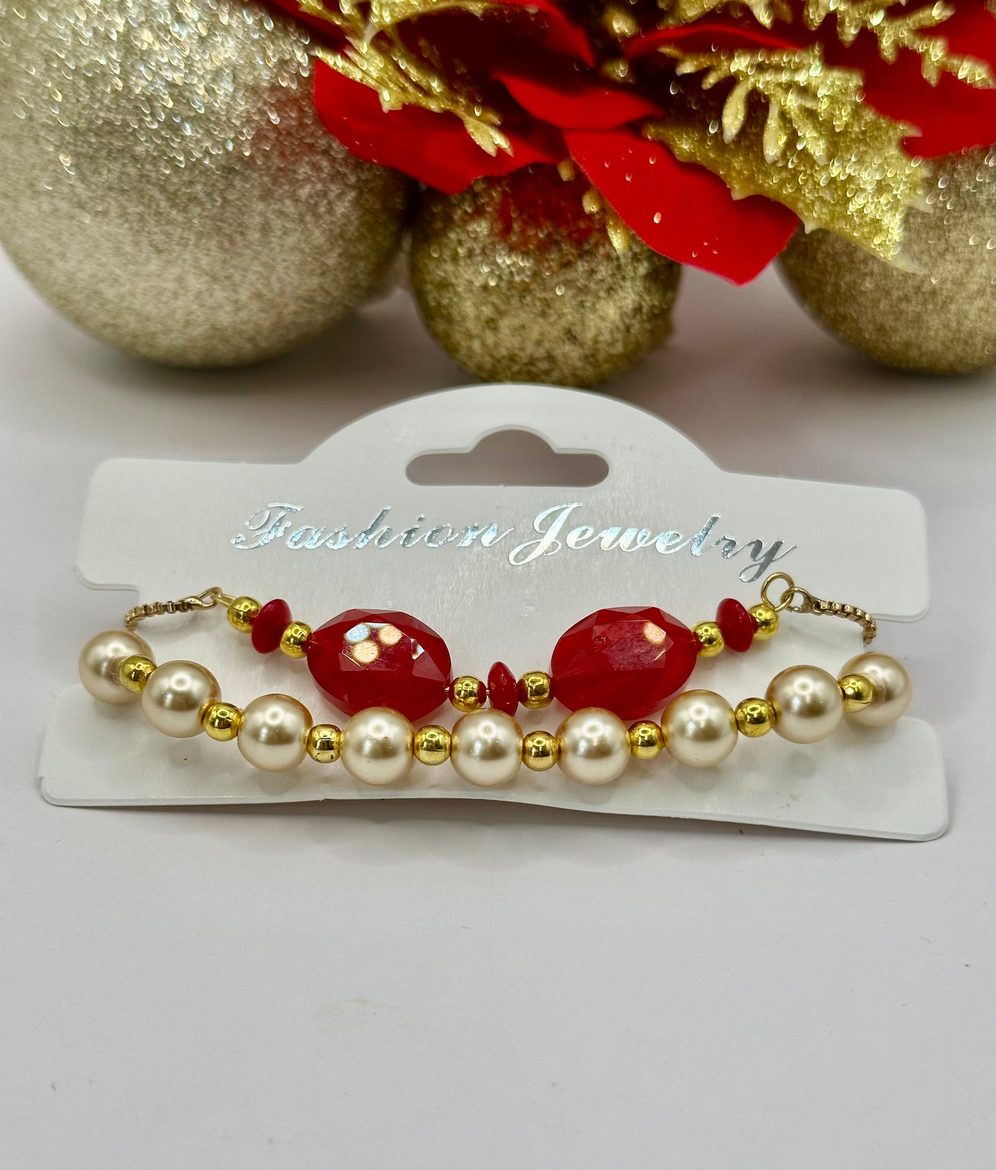 Christmas bracelets sets pearls and red oval glass faceted CBR-003