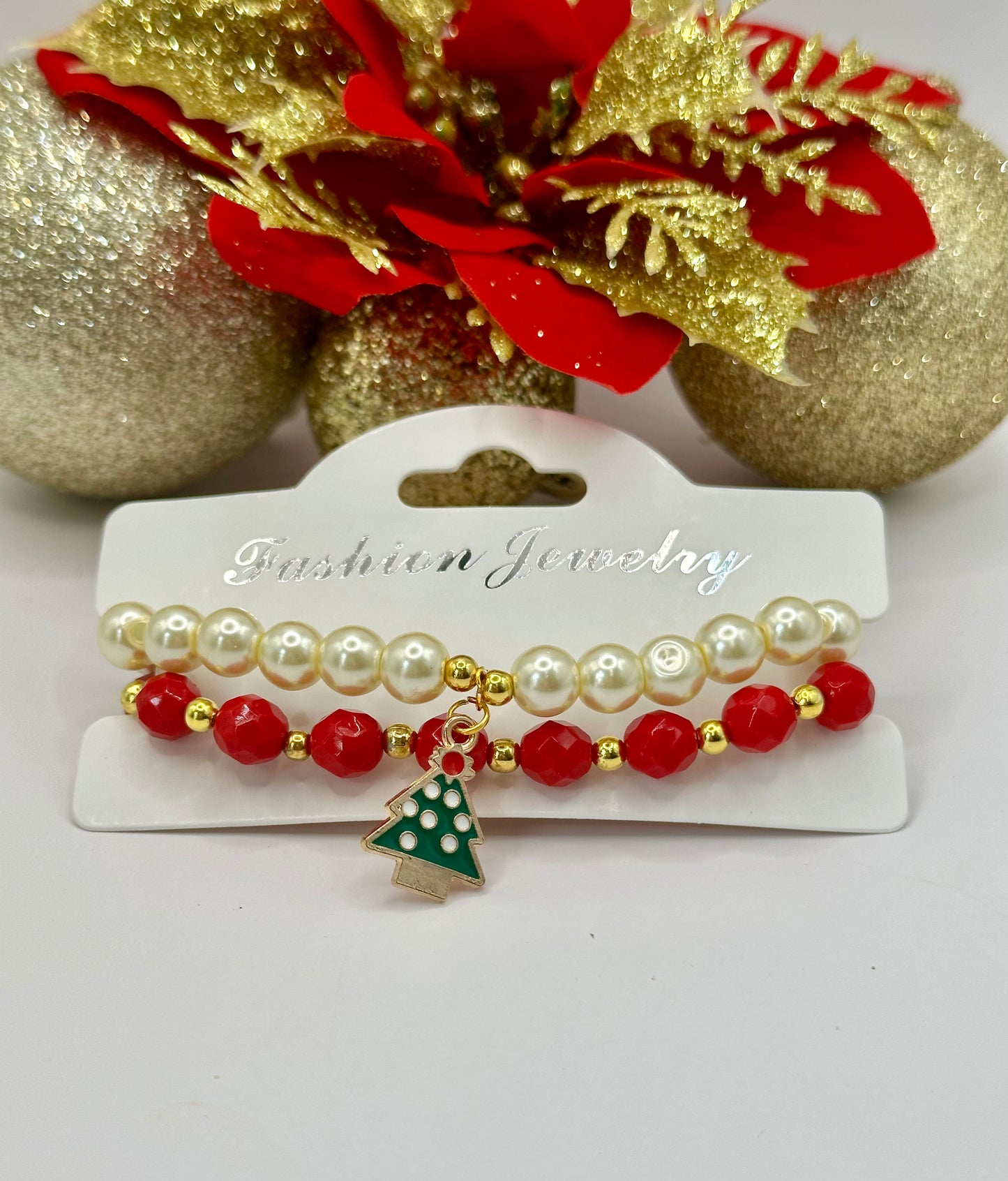 Christmas bracelets sets pearls and red faceted round glass beads CBR-004