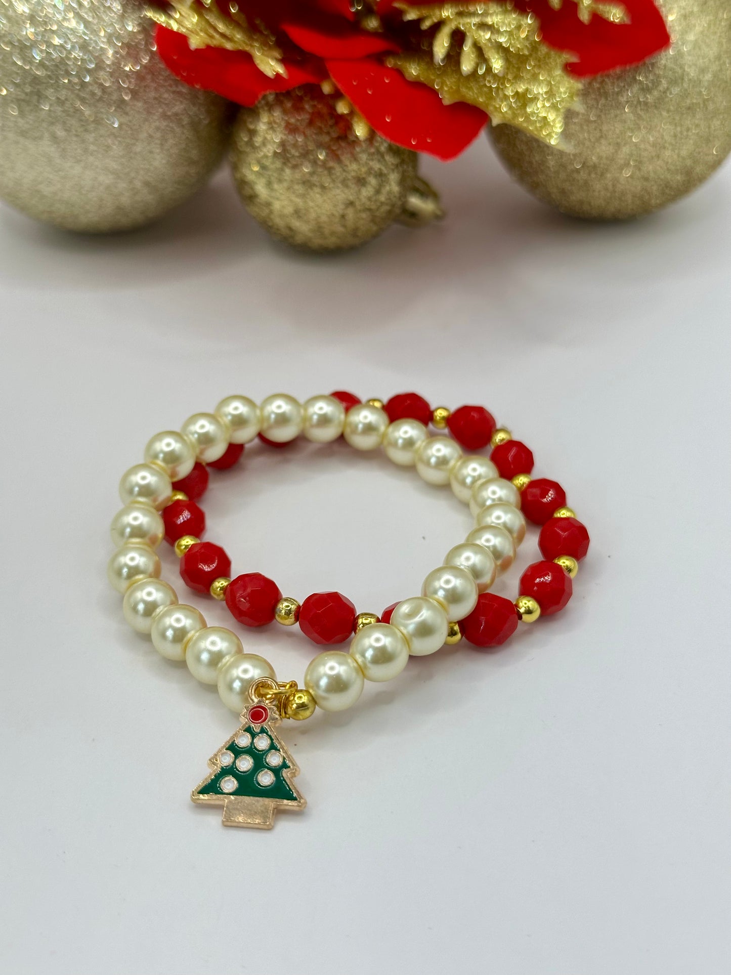 Christmas bracelets sets pearls and red faceted round glass beads CBR-004