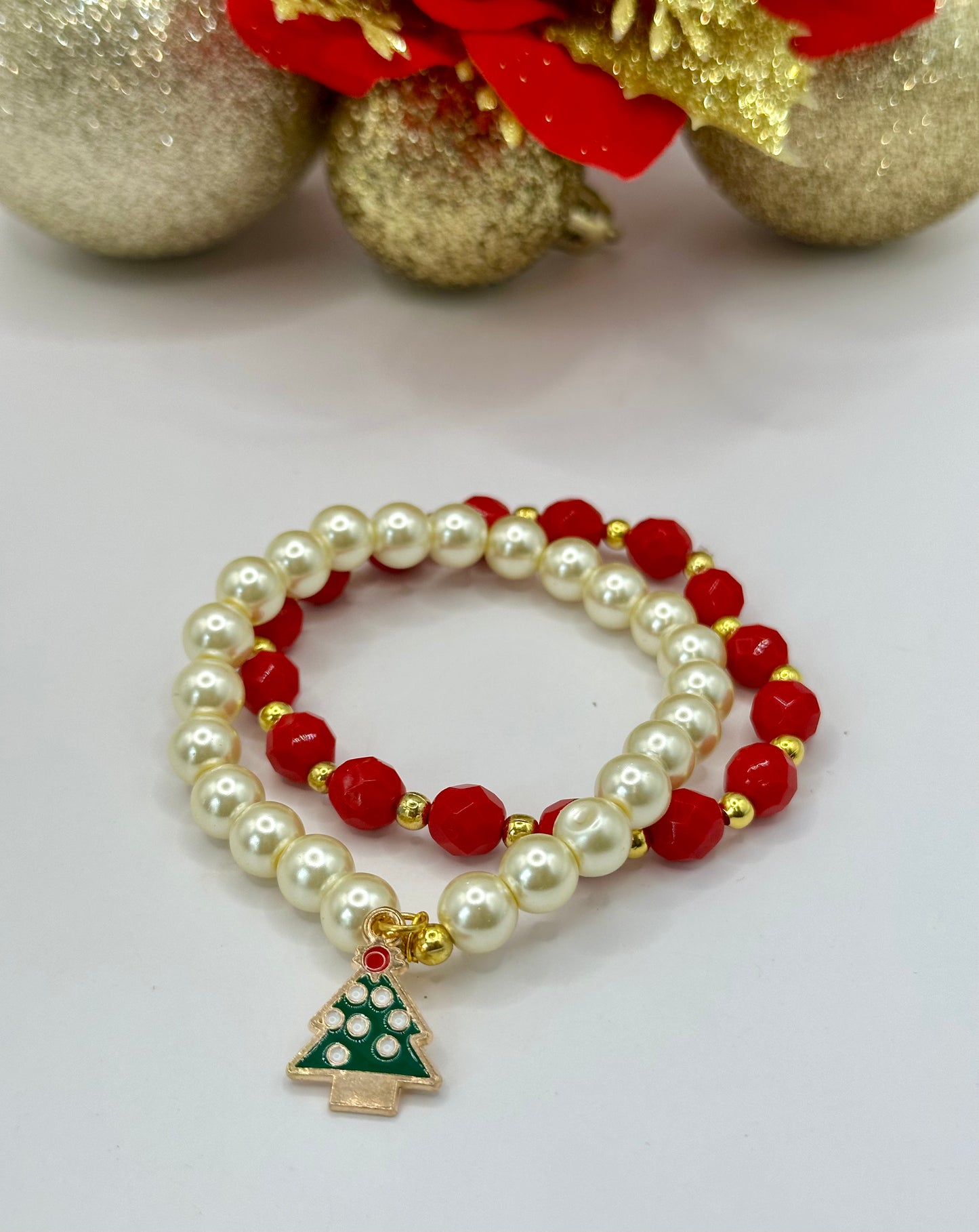 Christmas bracelets sets pearls and red faceted round glass beads CBR-004