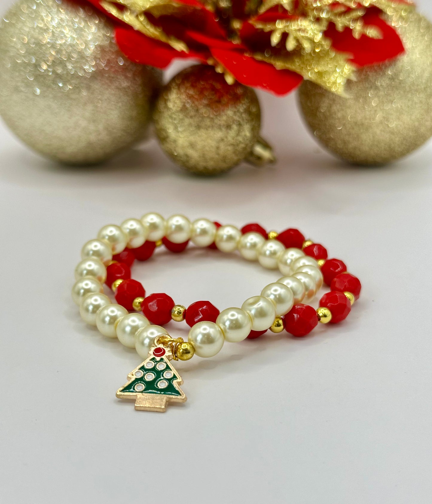 Christmas bracelets sets pearls and red faceted round glass beads CBR-004