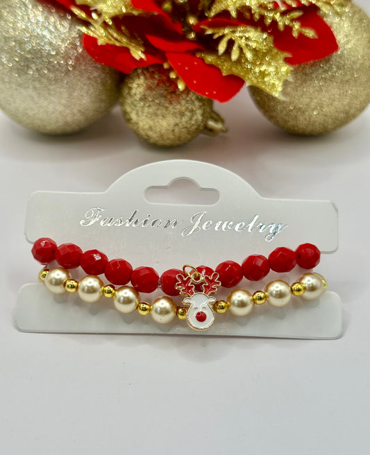 Christmas bracelets sets mother of pearls and 8mm red faceted glass with reindeer charm CBR-005