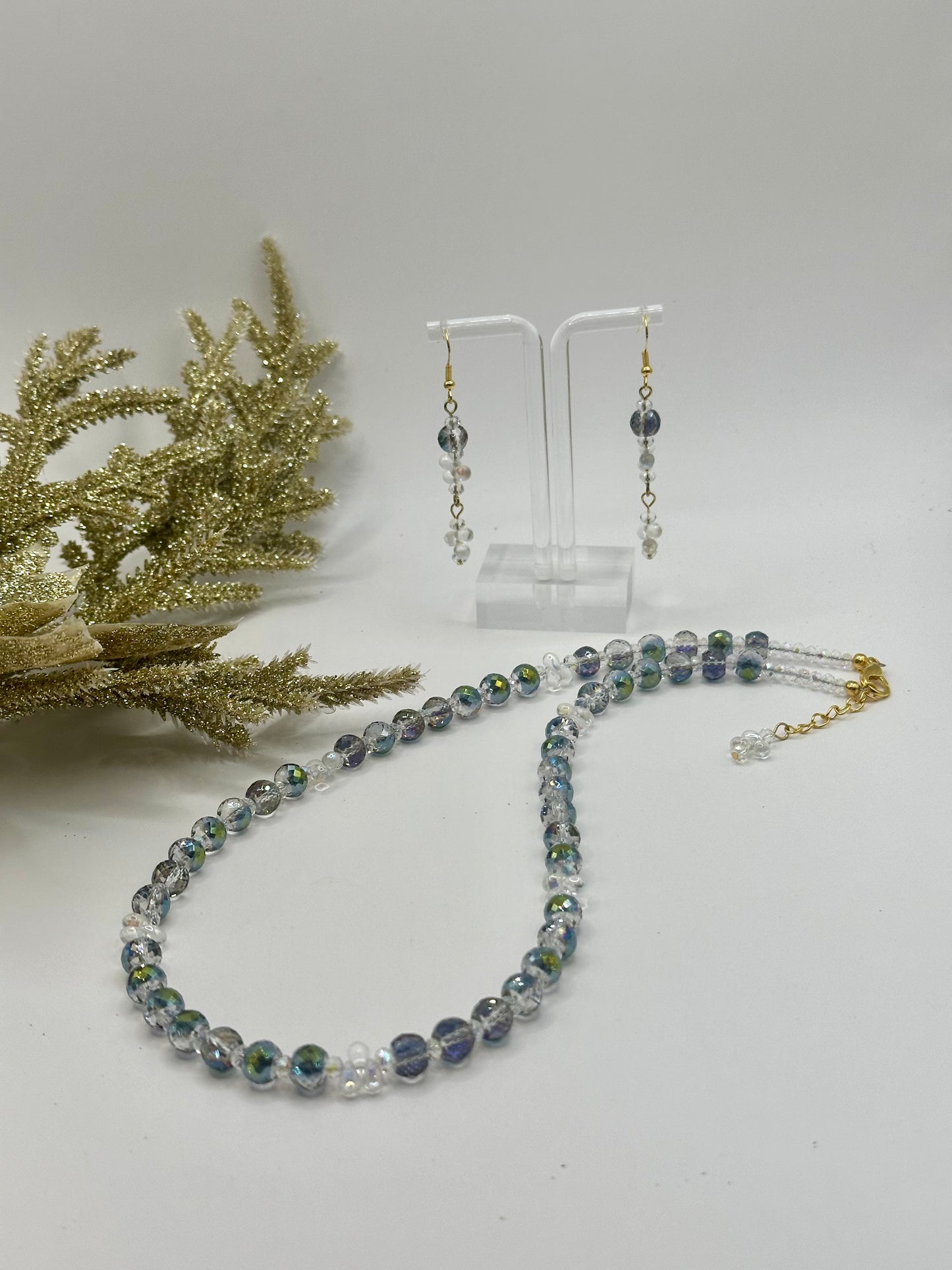 Faceted glass mix rondel shiny necklace and earrings NE-122