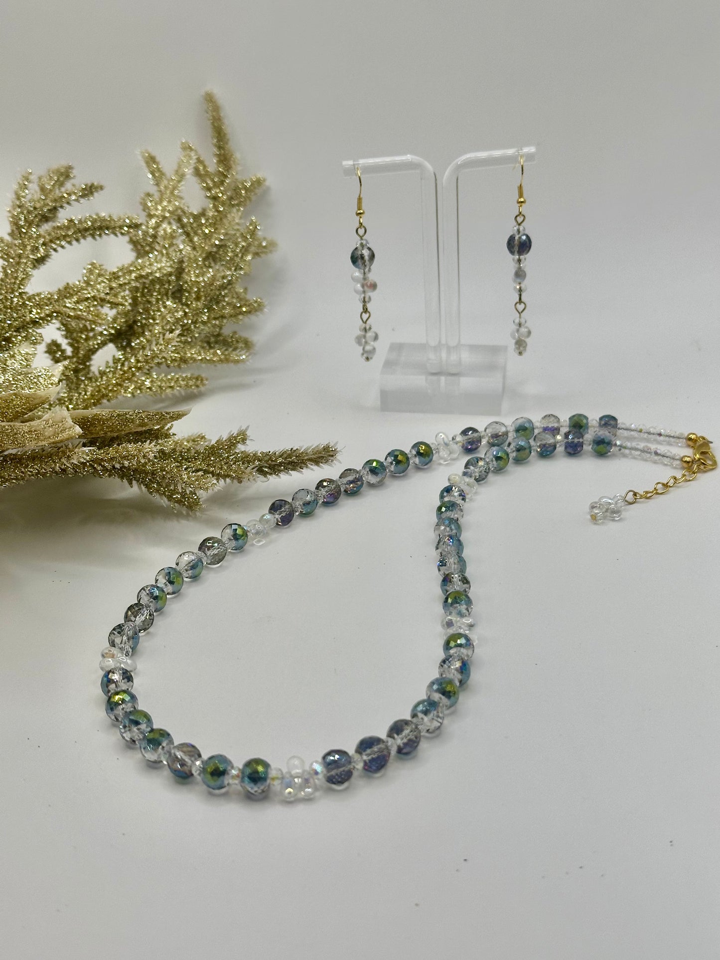 Faceted glass mix rondel shiny necklace and earrings NE-122