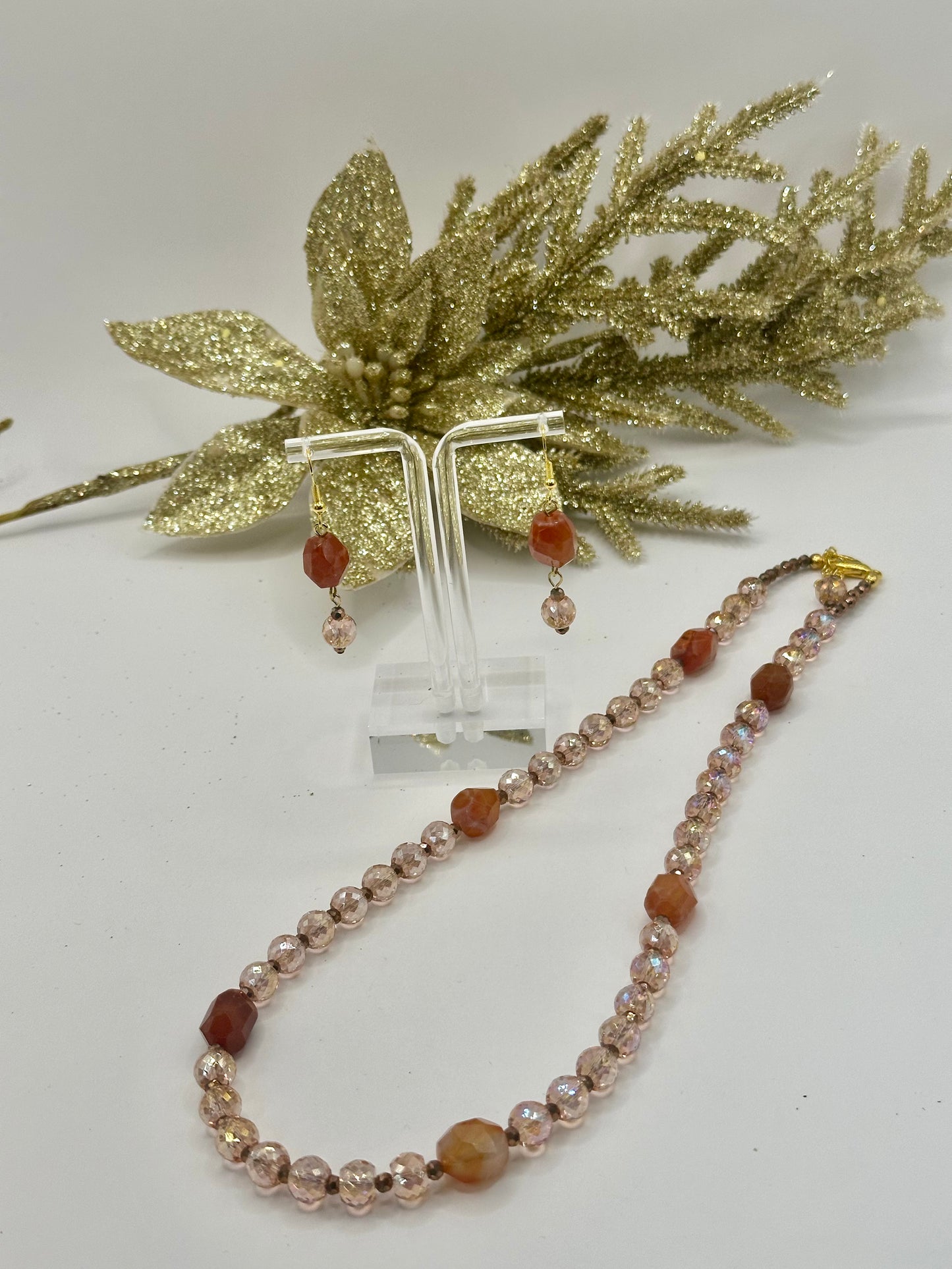 Pink and amber stone mix necklace and earrings sets NE-123