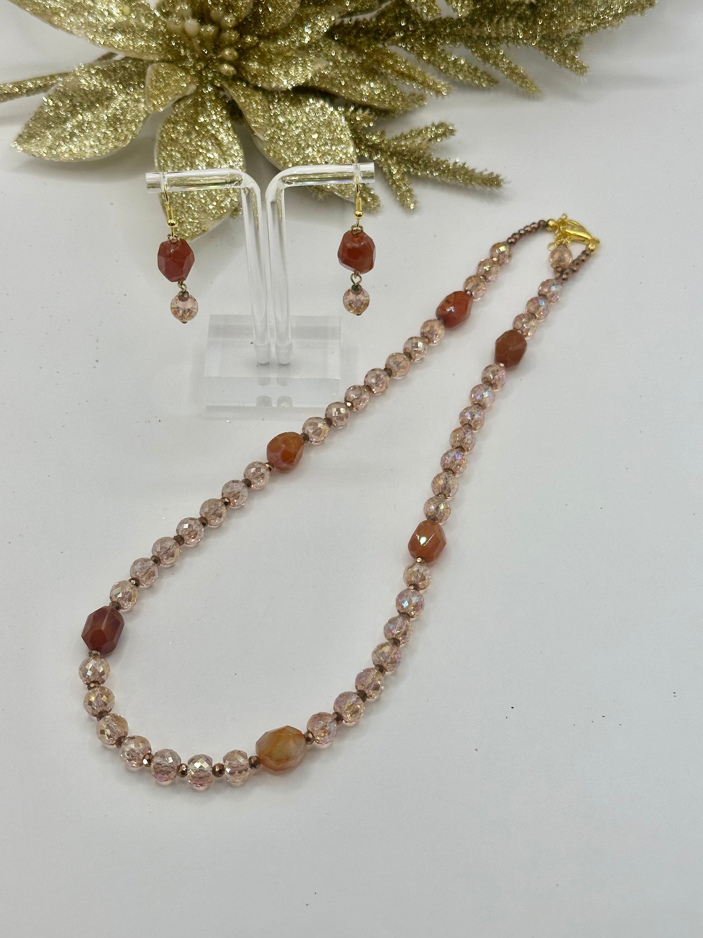 Pink and amber stone mix necklace and earrings sets NE-123