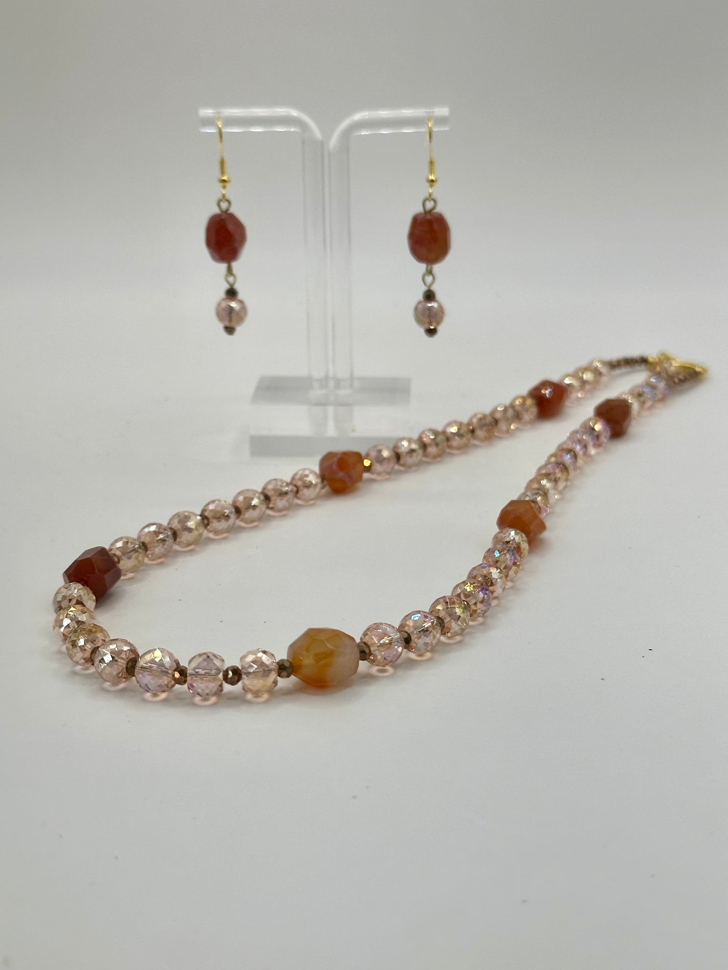 Pink and amber stone mix necklace and earrings sets NE-123