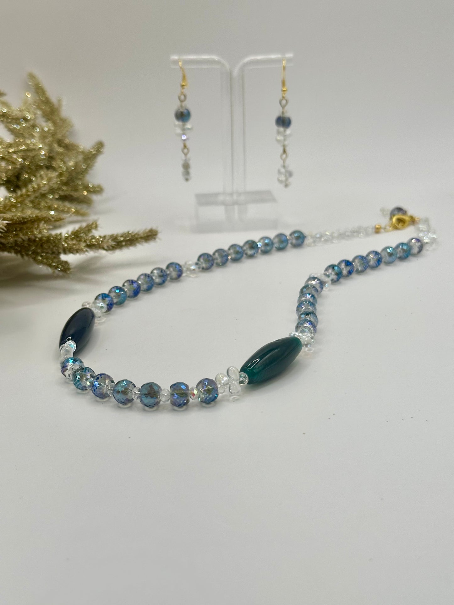 Blue oval large stone mix with aqua glass rondel jewelry sets NE-126