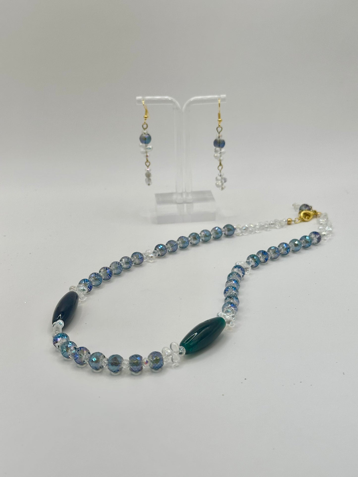 Blue oval large stone mix with aqua glass rondel jewelry sets NE-126