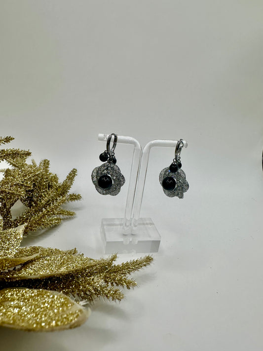 Earrings black glass and crystal .925 earrings E-301