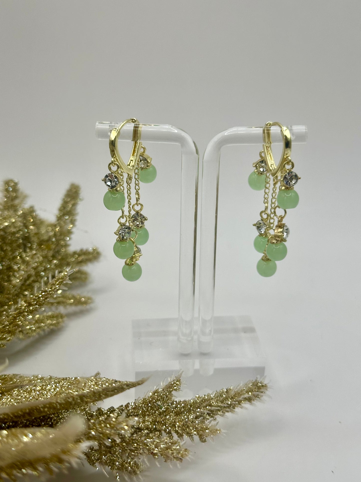 .925 green chandelier gold plated earrings E-174A