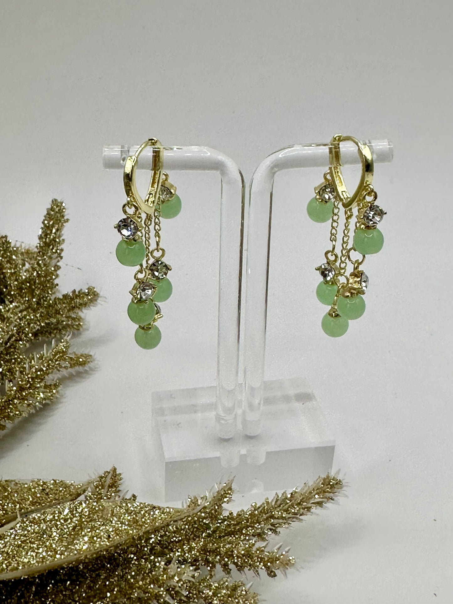 .925 green chandelier gold plated earrings E-174A